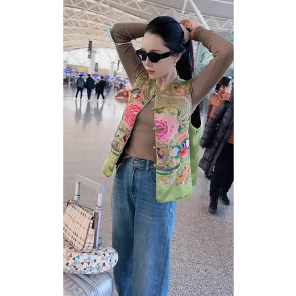 2024 Early Spring New Style Small New Chinoiserie Retro National Style Old Money Tang Suit Green Buckle Vest Women's Work Clothing