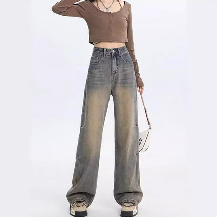 Retro Distressed Wide-leg Jeans for Women Summer 2024 New American High-waisted Loose Slimming Look Draped Floor-length Pants