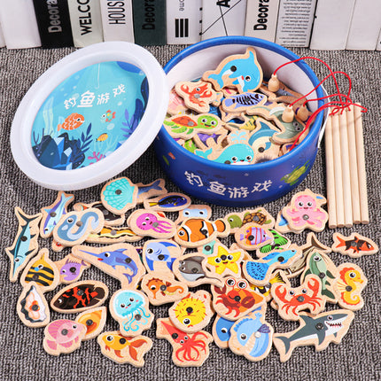 Magnetic Wooden Barrel Marine Fishing Toy Children's Early Education Educational Cognitive Fun Boys and Girls Parent-Child Games