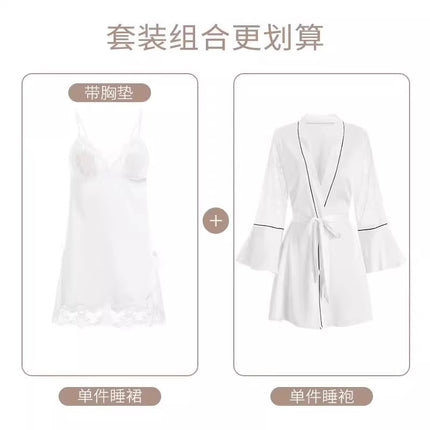 2026 New Sexy High-End Dress, Ice Silk Nightgown, Lace Dress with Straps, V-Neck Nightgown with Chest Pads