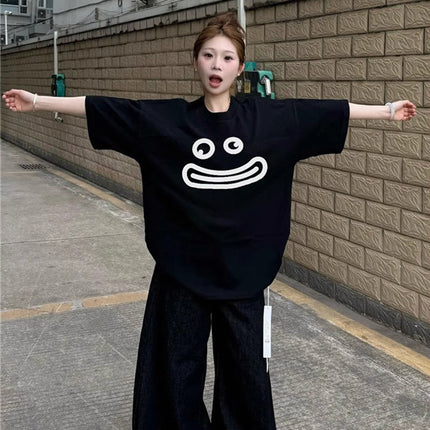 American High Street Style Black Short-Sleeve T-Shirt for Women, Summer 2026 New Design, Loose and Casual Style Half-Sleeve Top for Students