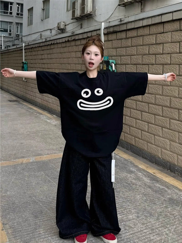 American High Street Style Black Short-Sleeve T-Shirt for Women, Summer 2026 New Design, Loose and Casual Style Half-Sleeve Top for Students