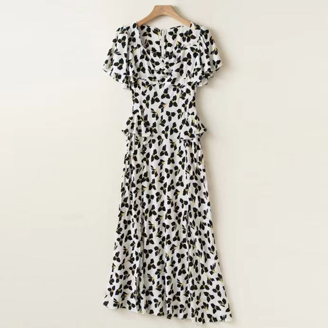 D@F Summer Floral Short-Sleeve Silhouette Fashion Slim-Fit Slit Tea Break Dress Long Skirt Artistic Retro Waist-Cinching Style