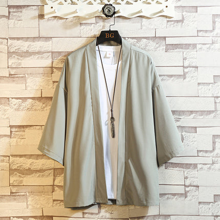 New Cross-border Summer Men's Simple Solid Color Cardigan Casual Loose Guofeng Seven-sleeve Ice Silk Cardigan Shirt for Men