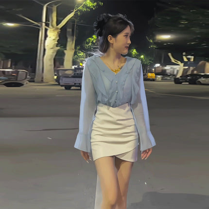 French Style V Neck Ruffled Simple Long-Sleeved Shirt for Women, Spring & Fall Style, High-End, Sweet and Slightly See-Through Chiffon Top