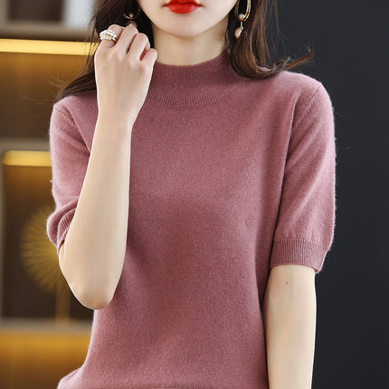 Spring and Autumn New Style Half Turtleneck Mid-Sleeve Bottoming Shirt Thin Knitwear Women's Loose Knitted Knitwear Short-Sleeved Three-Quarter Sleeve Top