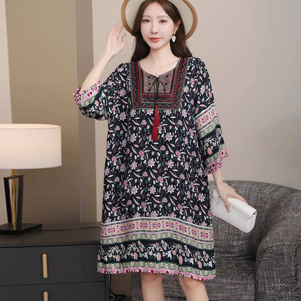 Extra Large Size Ethnic Style Round Neck Three-Quarter Sleeve Dress Loose Embroidered Flower Cotton Silk Travel Beach Skirt for Women