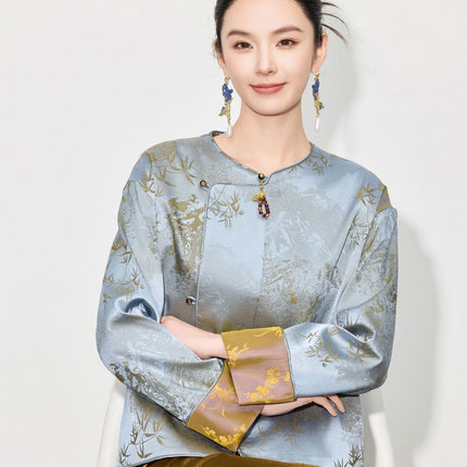【Zhihetang】2026 Spring New Style Chinese-Style Jacket for Women, High-End Retro Jacquard Long-Sleeve National Style Top