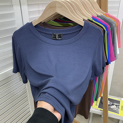 European New plus size Solid Color Loose Elastic Thread Short-sleeved T-shirt Women's Base Shirt Top Fashionable Green Shirt