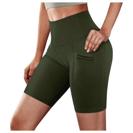 2024 Cross-Border European and American Women's High-Waisted Hip-Lifting Solid Color Pocket Leggings Tight Yoga Shorts with Butt Lift