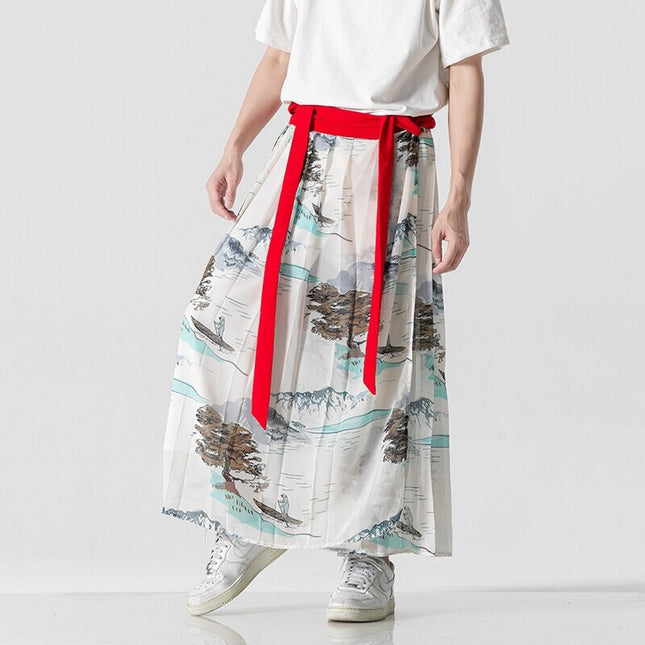 2025 New Men's Summer Chinese Style Han Dynasty Ancient Style One-Piece Culottes Unisex Pleated Horse Face Skirt Wholesale