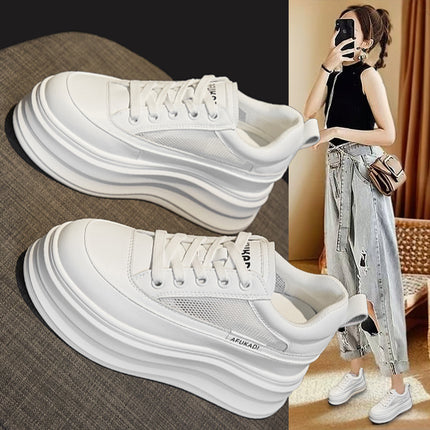 Invisible Inner Height Increasing Women's Shoes 8CM Thick Bottom Small Summer Breathable Mesh All-match Casual Sports Board Shoes White Shoes