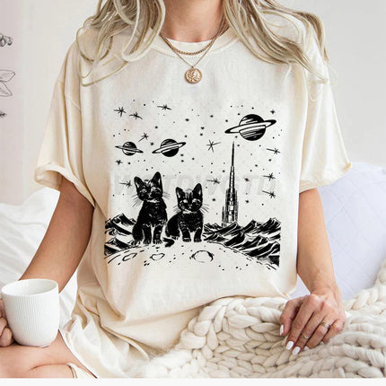 Fun Printed Cat New Pullover Cross-Border Casual Round Neck Top Women's Summer Loose Sports Short Sleeves