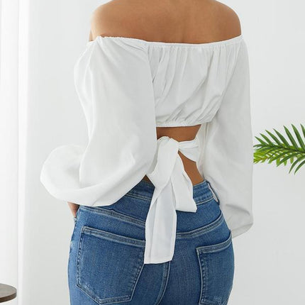Women's Plain Cut Out Tie Back Off Shoulder Bishop Sleeve