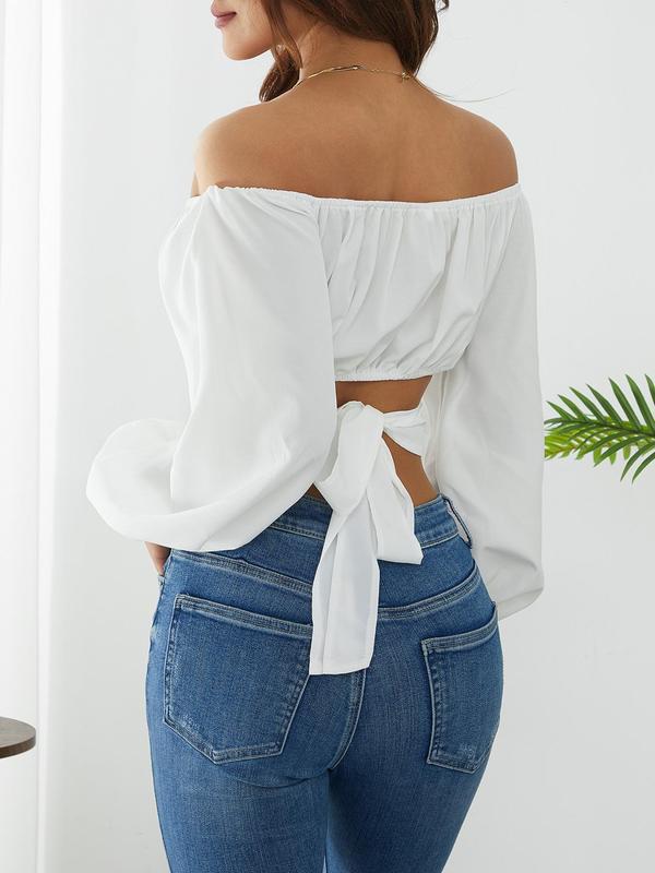 Women's Plain Cut Out Tie Back Off Shoulder Bishop Sleeve