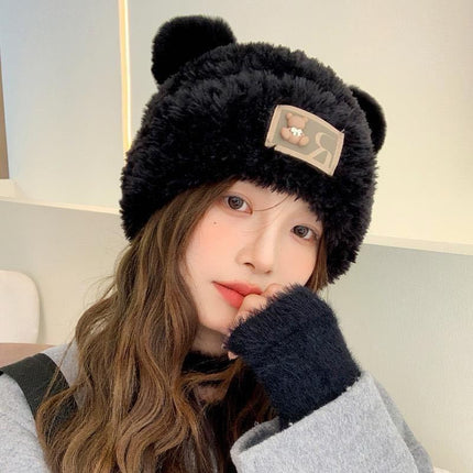 Bear plush knitted hat women's autumn and winter warm anti-fur pullover wool hat face-looking small sweet cute basin hat