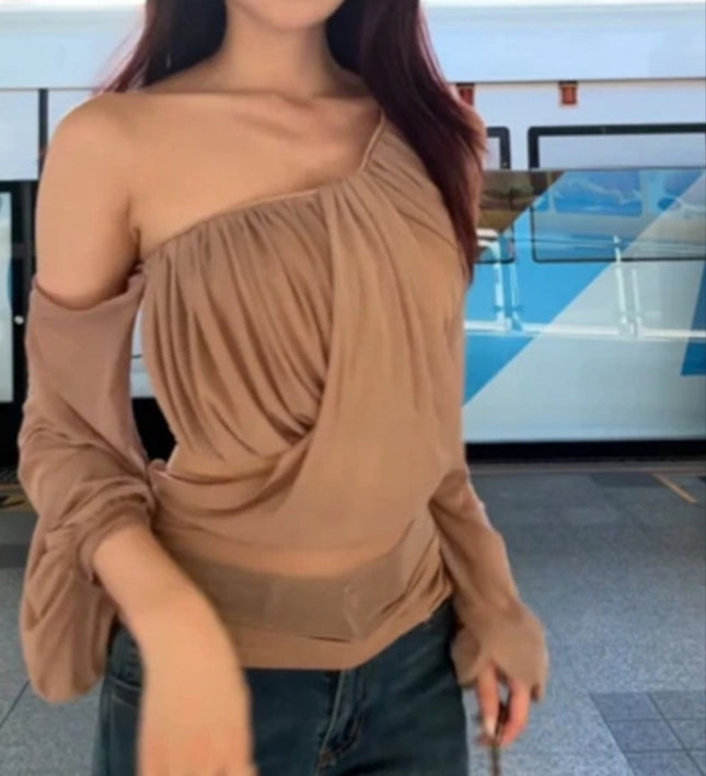 Spring and Summer New Niche Light Luxury Slim Shoulder Slim-fit Micro-transparent Long Sleeve Top