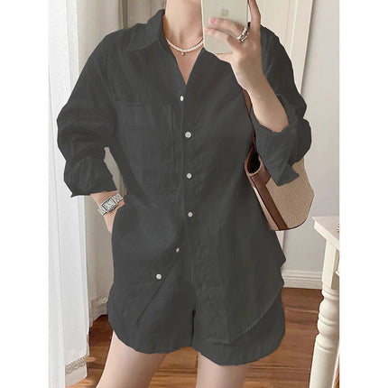 Single Piece/Complete Set Amazon Cross-Border New Set Cotton and Linen Shirt Shorts Casual Two-Piece Set Wholesale