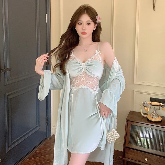 2024 gold velvet pajamas women's autumn new two-piece pajamas with chest pad sexy long sleeve warm pajamas wholesale