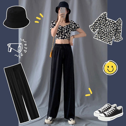 2026 Thin Ice Silk Wide-Leg Pants for Women, Summer Student Korean Style, Drapey Loose Fit, Versatile High-Waisted Elastic Thin Straight-Leg Pants
