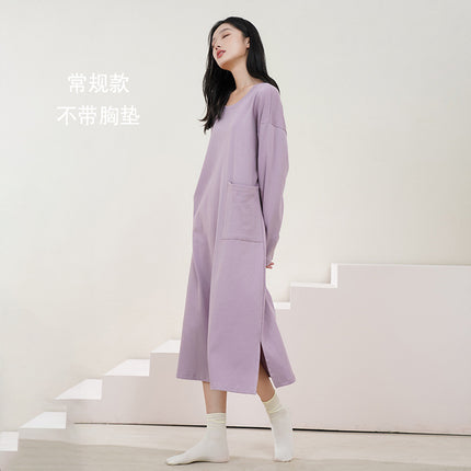 Women's Pure Cotton Long-Sleeved Nightgown, High-End, Black, Large Size, Can Be Worn Outside, Spring and Autumn, Women's Nightgown with Breast Pads