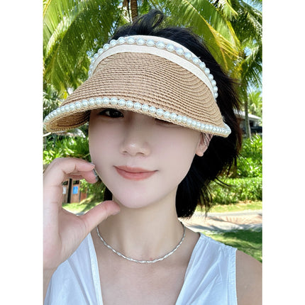 Straw Pearl Sun Hat Headband Empty Top Straw Hat Women's Summer Hairpin Topless Face Covering Sun Protection Sun Hat Outdoor
