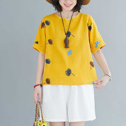 Real shot 2024 summer new short sleeve literary fan cotton linen loose slim round neck base shirt top