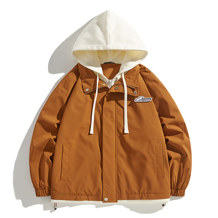 Fake Two-Piece Hooded Autumn Jacket for Students, Stylish Casual Jacket for Outdoor Camping, Waterproof Couple's Outfit, Waterproof and Windproof