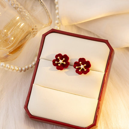 925 Silver New Wine Red Flocking Earrings Elegant Atmosphere Bow Rose New Year Spring Festival Chinese Style Earrings