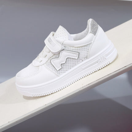 Children's White Sneakers, Mesh Breathable Sports Shoes, Soft-Soled School Summer Girls' Sneakers with Velcro, Suitable for Spring and Autumn Activities