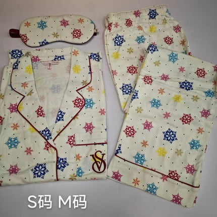 2025 Big-Name Catwalk Export Brushed Cotton Long-Sleeved Women's Pajamas Printed Casual French Outer Wear Home Clothes with Eye Mask