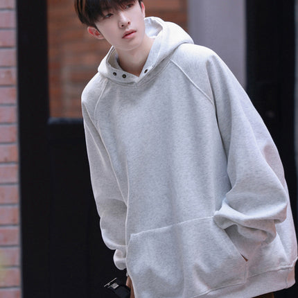 Intfeday American Retro Windproof Buckle Design Hooded Sweatshirt Men's Autumn and Winter Heavy Pure Color Pullover Hoodie