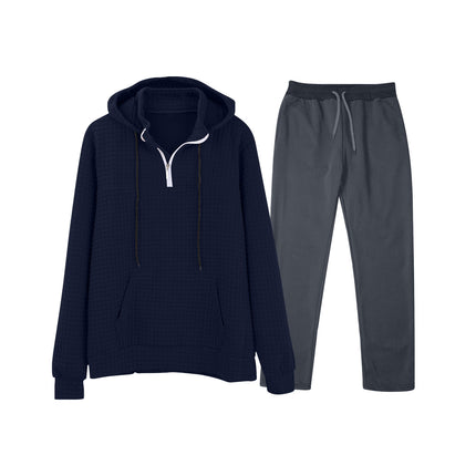 European and American Cross-Border Long-Sleeved Waffle Top Aliexpress Solid Color Drawstring Pocket Hoodie Sweatshirt and Sweatpants Set