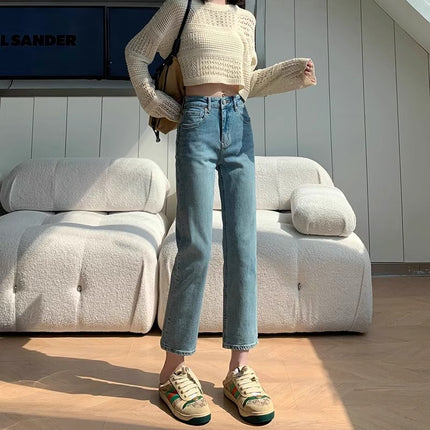 High Waist Slimming Straight Jeans Women's Autumn Thin New Arrival Casual All-match Design Nine-point French Stick Pipe Pants