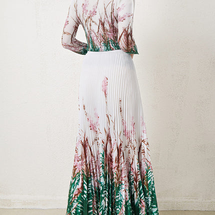 Miyake Stretch Print Long-sleeved Top suit Women's European and American Fashion High Waist Draped Skirt Two-piece Set