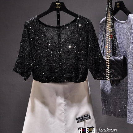 Han Eun's Thin Gold Silk Sequin Hollow Loose plus size Pullover Knitted Sunscreen Blouse V-Neck Short-Sleeved Top