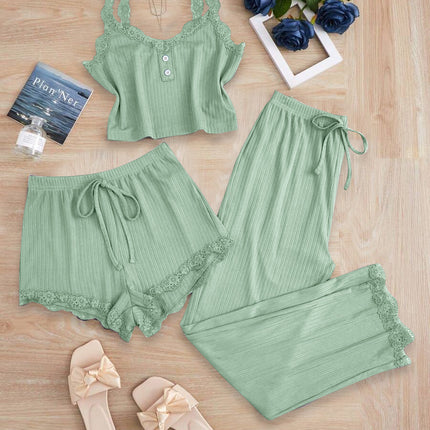 Lace Trim Three-Piece Set: Camisole, Shorts, Long Pants, Women's Slim-Fit Loungewear, Brushed Sleepwear