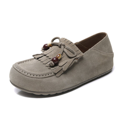 Jishu 25 Autumn New Retro Beaded Tassel Flats with Increased Height Loafers Genuine Leather Lazy Flats for Women That Can Be Worn in Two Ways