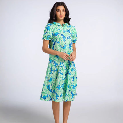 2025 Summer Women's New Ruffled Sleeve Women's European and American Pleated Bow Thai Print Long Skirt Dress