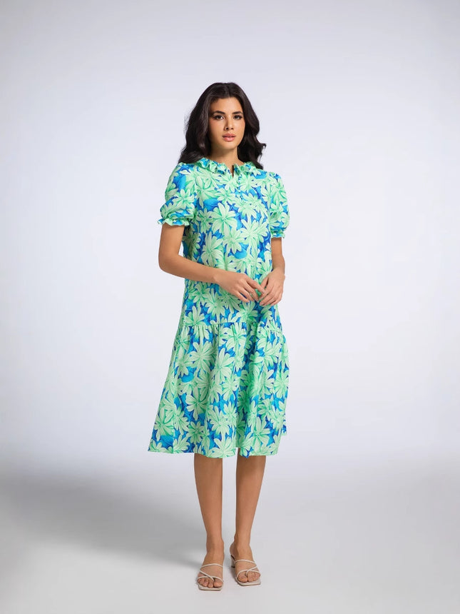 2025 Summer Women's New Ruffled Sleeve Women's European and American Pleated Bow Thai Print Long Skirt Dress