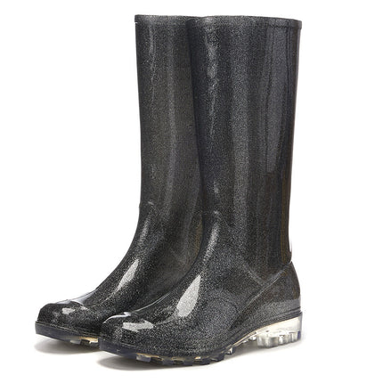 Cross-border new version of rain boots fashion gradient high-level rain boots women's winter fleece-lined warm camping to the sea pastoral