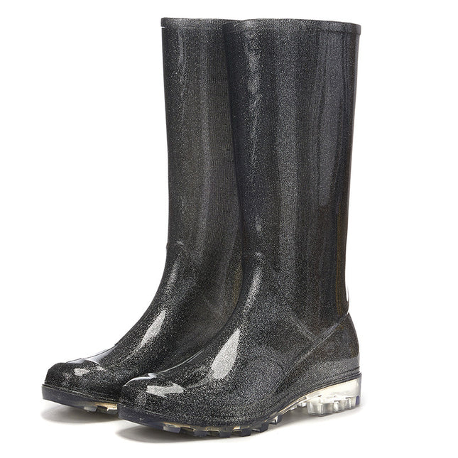 Cross-border new version of rain boots fashion gradient high-level rain boots women's winter fleece-lined warm camping to the sea pastoral