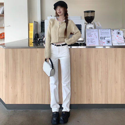 Simple Casual Style Fashionable Low Waist Straight Jeans Women's 2025 Spring Stretch Slim-fit Slimming White Trousers