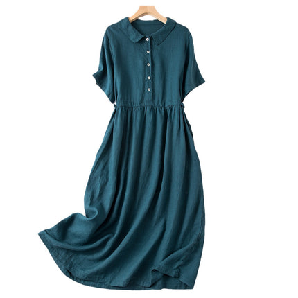 New Cotton and Linen Korean Style dress Women's 2024 Spring and Summer Short-sleeved Shirt Collar Artistic Retro Loose Single-breasted Long Dress