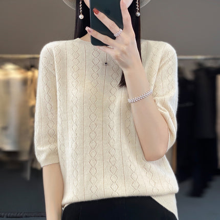 23 woolen sweater women's round neck short sleeve knitted bottoming shirt half sleeve hollow-out design top wholesale