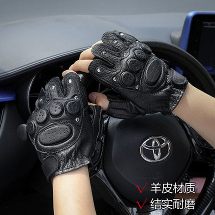 Goatskin Half-Finger Gloves, Genuine Leather Motorcycle Gloves, Outdoor Riding Gloves, Non-Slip, Protective, Breathable, and Wear-Resistant