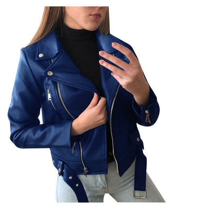 Cross-border 2023 New European and American Motorcycle Leather Jacket Autumn and Winter Women's Leather Clothing Women's Short Slim-fit Leather Fashion Jacket