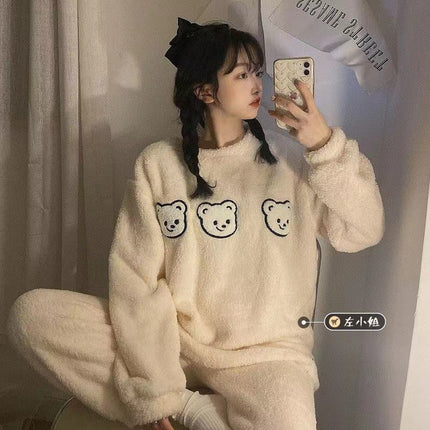 2024 New Autumn and Winter Coral Velvet Cartoon Stripesd Women's Pajamas Thickeneded and Wearable Home Wear Set