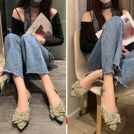 Flat Shoes for Women 2025 Spring and Summer New Retro Shallow Mouth Pointed Toe Soft Bottom Bean Shoes Bow Rhinestone Scoop Shoes