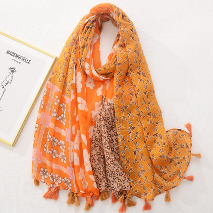 Japanese New Artistic Color Split Travel Sunscreen Beach Towel Printed Cotton and Linen Hand Scarf Tassel Scarf Large Scarf